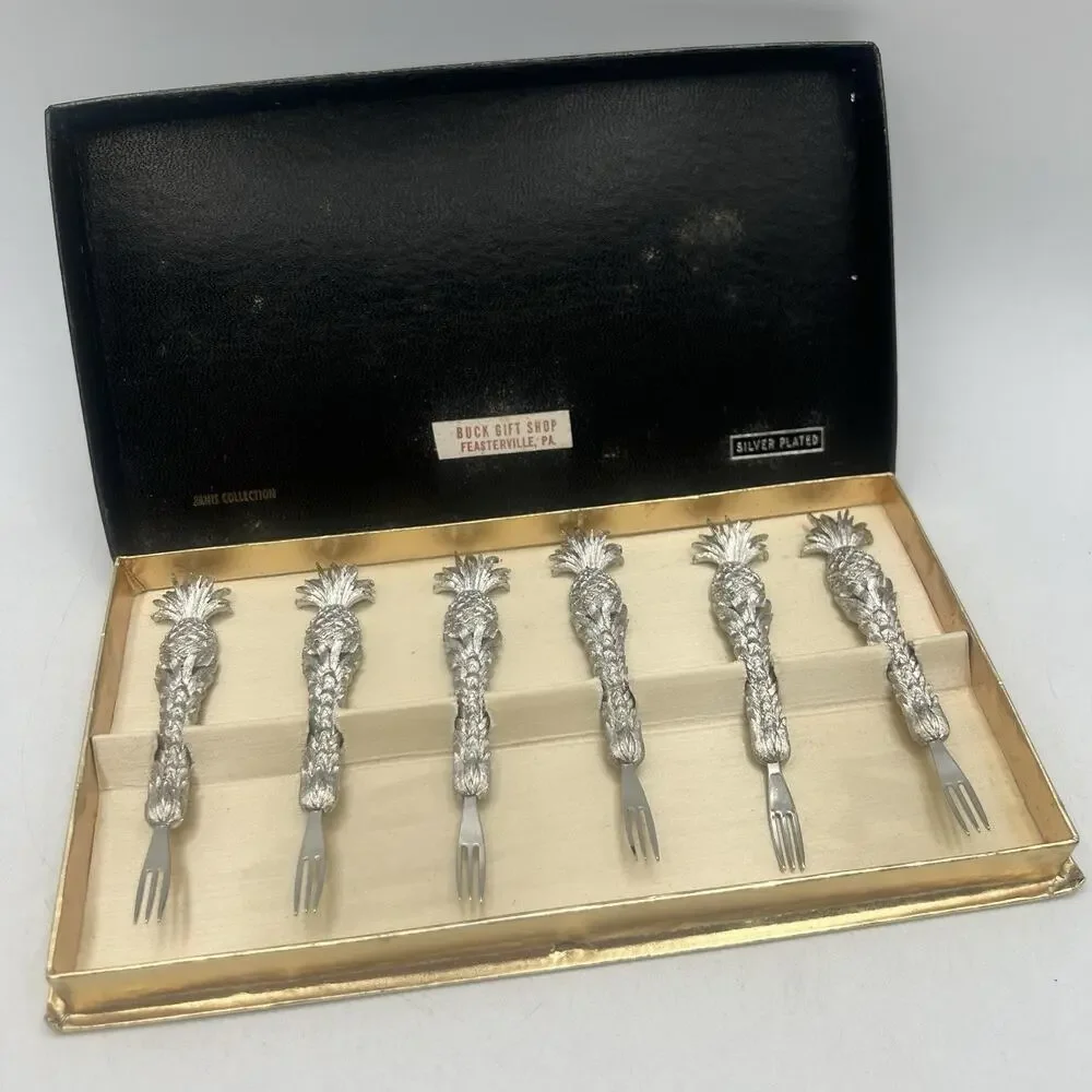 Set 6 Vintage Silver Plated Pineapple Oyster Appetizer Fork Janis Collection 4
